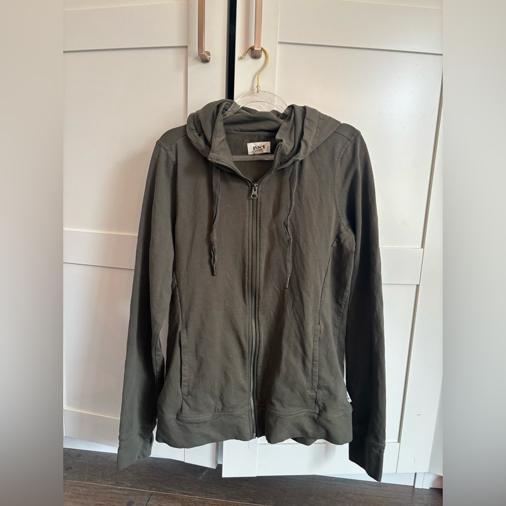 Pact Organic Cotton Rec Zip-Up Hoodie with Drawstring Hood Olive Green Medium - Picture 2 of 4